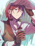  1boy 2023 blue_eyes brown_gloves brown_vest closed_mouth cup dated einenno_imouto ensemble_stars! glasses gloves green-framed_eyewear highres holding holding_cup hot_chocolate looking_to_the_side male_focus one_eye_closed red_hair saegusa_ibara shirt solo twitter_username unhappy vest white_background white_shirt 