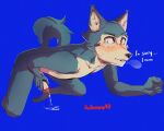  anthro beastars blue_body bodily_fluids canid canine canis cum cumshot ejaculation english_text erection genital_fluids genitals holding_penis ibukemono legoshi_(beastars) male male/male mammal masturbation nipples nude orgasm penis shy simple_background solo text wolf 