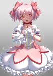  1girl absurdres artist_name blush bow breasts bubble_skirt choker commentary_request cowboy_shot gradient_background hair_bow hand_on_own_chest hands_up highres kaname_madoka kurono_(pixiv_97973531) looking_at_viewer magical_girl mahou_shoujo_madoka_magica mahou_shoujo_madoka_magica_(anime) open_mouth pink_bow pink_hair red_eyes red_ribbon ribbon ribbon_choker short_hair short_twintails skirt small_breasts smile solo soul_gem twintails 
