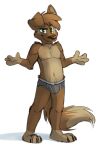  anthro barefoot briefs briefs_only brown_nose bulge canid canine canis claws clothed clothing domestic_dog feet green_eyes grey_briefs grey_clothing grey_underwear hi_res male mammal matt_riskely navel palms_out shadow simple_background smile solo tinydeerguy topless underwear underwear_only white_background 