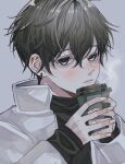  1boy black_hair blue_eyes blush closed_mouth cup earrings fingernails grey_background hair_between_eyes highres holding holding_cup jacket jewelry looking_at_viewer male_focus original short_hair solo sosaku_25 upper_body white_jacket 