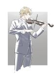  1boy belt belt_buckle black_belt black_jacket black_pants black_suit blonde_hair buckle business_suit character_request closed_eyes closed_mouth collared_shirt commentary_request graham_aker grey_background grey_necktie gundam gundam_00 hair_between_eyes highres holding_violin instrument jacket lapels long_sleeves music nanao_parakeet necktie open_clothes open_jacket pants playing_instrument shirt short_hair solo suit two-tone_background very_short_hair violin white_background white_shirt 