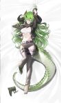  1girl arknights arm_up black_jacket boots crocodilian_tail dakimakura_(medium) dragon_horns estelle_(arknights) full_body gloves green_footwear green_gloves green_hair grey_pants gstiyl horns jacket long_hair lying midriff navel on_back open_clothes open_jacket oripathy_lesion_(arknights) pants scales scar scar_on_face scar_on_nose single_boot solo tail 