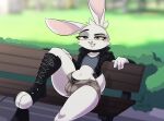  belly bench boots bottomwear bulge clothing footwear girly hi_res jacket lagomorph leporid long_ears makeup mammal on_bench outside panties park rabbit shorts simple_background sitting smile standing_tough tail teeth texi_(yitexity) thighs topwear underwear unzipped_shorts wide_hips 