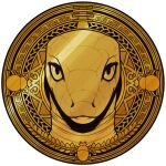  anthro black_mamba blue_eyes coin decorative_scarab djed drachm elapid_(snake) front_view gold_(metal) hi_res male mamba medallion omari pharaoh portrait ptolemy_xii reptile royalty scales scalie snake solo wrappings wreath 
