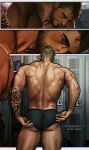  2boys arm_tattoo ass back black_hair black_male_underwear blonde_hair blush call_of_duty call_of_duty:_modern_warfare_2 closed_eyes closed_mouth facial_hair ghost_(modern_warfare_2) highres looking_at_another male_focus male_underwear multiple_boys scar scar_on_back scar_on_face scar_on_leg scar_on_mouth short_hair smile soap_(modern_warfare_2) tattoo thick_thighs thighs twitter_username umikochannart underwear 