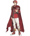  1boy amiba_(nerdamiba) azelle_(fire_emblem) book cape coat fire_emblem fire_emblem:_genealogy_of_the_holy_war fire_emblem_heroes full_body highres holding holding_book looking_at_viewer male_focus pants red_cape red_coat red_eyes red_footwear red_hair solo transparent_background white_pants 