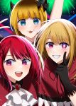  3girls :3 :d absurdres arima_kana arm_up ascot black_bow black_gloves black_headwear black_ribbon blonde_hair blue_eyes blunt_bangs blush bob_cut bow capelet clenched_teeth collared_capelet collared_shirt commentary demon_horns fake_horns floating_hair frilled_gloves frills gloves hair_between_eyes hair_bow hat hat_ribbon highres horns hoshino_ruby idol idol_clothes index_finger_raised inverted_bob light_particles long_hair looking_at_viewer medium_hair memcho mini_hat mini_top_hat mismatched_pupils multiple_girls neck_ribbon open_mouth oshi_no_ko pink_eyes red_brooch red_capelet red_eyes red_hair red_shirt ribbon shadow shirt short_hair sidelocks smile star-shaped_pupils star_(symbol) symbol-shaped_pupils teeth top_hat torajirou_(95910958) upper_body upper_teeth_only v white_ascot 