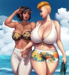  2girls arm_up bare_shoulders beach blonde_hair blue_sky borrowed_character breasts cleavage cloud cloudy_sky commission dark-skinned_female dark_skin erkaz highres holding_sandals horizon huge_breasts jewelry large_breasts midriff multiple_girls navel necklace open_mouth original pants print_shorts profile sam_(leigh_langello) shorts sky smile sunglasses tayler_(leigh_langello) undercut veins veiny_breasts water white_pants yuri 
