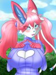  anthro big_breasts blush breasts cheek_tuft cleavage cleavage_cutout clothed clothing eeveelution facial_tuft female fingers fingertips_touching generation_6_pokemon green_eyes hair heart_cutout hi_res inner_ear_fluff mammal nintendo open_mouth pigtails plant pokemon pokemon_(species) ribbons solo sweater sylveon topwear translucent translucent_hair tree tuft yumiiefox 