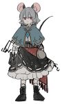  1girl :3 absurdres alternate_costume animal_ears blue_capelet capelet dowsing_rod dress grey_capelet grey_hair highres jewelry long_sleeves mouse_ears mouse_girl mouse_tail nazrin pendant prat_rat red_eyes shirt short_hair skirt smile smirk solo tail touhou 