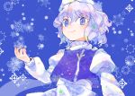  1girl blue_background blue_vest closed_mouth hair_between_eyes hat itomugi-kun juliet_sleeves lapel_pin letty_whiterock light_purple_hair long_sleeves puffy_sleeves purple_eyes short_hair smile snowflakes solo touhou upper_body vest white_headwear 