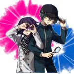  2boys black_hair black_headwear black_jacket black_pants blue_background buttons checkered_clothes checkered_scarf cowboy_shot cropped_legs cropped_torso danganronpa_(series) danganronpa_v3:_killing_harmony double-breasted hair_between_eyes hands_up highres jacket long_sleeves looking_at_viewer magnifying_glass male_focus multicolored_background multiple_boys oma_kokichi one_eye_closed open_mouth pants pink_background purple_eyes purple_hair saihara_shuichi scarf short_hair smile sweatdrop teeth upper_teeth_only yako_(ycaisola) yellow_eyes 