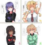  4girls black_hair black_serafuku blonde_hair blush bow braid breast_hold breasts closed_mouth crossed_arms green_eyes highres jacket large_breasts long_hair long_sleeves multiple_girls oekaki open_mouth original oteruko_(wanabeee) sailor_collar school_uniform serafuku short_hair simple_background speech_bubble track_jacket white_background yellow_eyes 