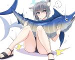  1girl absurdres animal animal_ears blue_archive blue_eyes blush closed_mouth cross_hair_ornament fish grey_hair hair_ornament halo highres holding holding_animal holding_fish holiday_(pangjelly) looking_at_viewer marlin_(fish) one-piece_swimsuit ponytail sandals shiroko_(blue_archive) shiroko_(swimsuit)_(blue_archive) solo swimsuit white_background wolf_ears 
