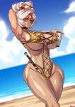 1girl armpits beach breasts choker cloud fingernails flute glasses instrument large_breasts lips looking_at_viewer ocean purah red_eyes shiny_skin sky solo steve_chopz swimsuit the_legend_of_zelda thick_thighs thighs water wet white_hair wide_hips 