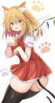  1girl :d absurdres animal_ear_fluff animal_ears ascot ass black_thighhighs blonde_hair cat_ears cat_tail commentary_request daru_(kumakumadon) fang flandre_scarlet highres looking_at_viewer medium_hair open_mouth paw_pose red_eyes red_skirt red_vest shirt short_sleeves simple_background skin_fang skirt smile solo tail thighhighs touhou vest white_background white_shirt yellow_ascot 
