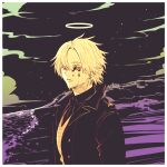  1boy beach black_background black_coat black_eyes blonde_hair cloud coat daybit_sem_void fate/grand_order fate_(series) halo jacket looking_at_viewer male_focus nobicco open_clothes open_jacket shirt short_hair teardrop trench_coat white_shirt 