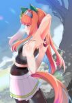  1girl absurdres animal_ears aqua_eyes bare_shoulders black_pantyhose black_tank_top breasts commentary_request doushi_tatsu_to_dekkai_no ear_covers hairband highres horse_ears horse_girl horse_tail long_hair midriff orange_hair outdoors pantyhose pleated_skirt silence_suzuka_(umamusume) skirt small_breasts solo stretching sweat tail tail_through_clothes tank_top umamusume visible_air white_hairband white_skirt 