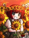  danganronpa_(series) danganronpa_2:_goodbye_despair field flower flower_field hair_flower hair_ornament highres hinata_hajime holding holding_flower koizumi_mahiru monokuma saionji_hiyoko sunflower sunflower_field sunflower_hair_ornament sunshroomguy 