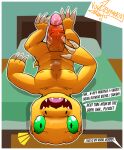  agumon anthro bandai_namco bed big_penis bodily_fluids claws dialogue digimon digimon_(species) dinosaur english_text erection fangs furniture genital_fluids genitals green_eyes green_sclera hi_res humanoid_genitalia humanoid_penis looking_at_viewer lying male masturbation nervous nipples not_furry nude on_bed open_mouth outline penile penile_masturbation penis pillow precum reptile scalie slightly_chubby solo speech_bubble sweat sweatdrop tail teeth text tongue upside_down voy_barranca_abajo yellow_body 