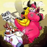  2023 anthro belly blush bodily_fluids cum detailed_background dialogue duo english_text erection genital_fluids genitals hi_res lagomorph leporid male male/male mammal mario_and_luigi_(series) mario_bros midbus nintendo outside overweight overweight_male penis peppy_hare rabbit raburigaron sex star_fox suid suina sus_(pig) tattoo text wild_boar 