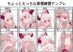  1girl blush bow breasts closed_eyes closed_mouth collared_shirt fujiwara_no_mokou grey_hair grey_shirt hair_bow heart highres long_hair mokoiscat motion_lines multiple_views navel open_mouth red_eyes shirt small_breasts speech_bubble touhou translation_request white_bow 