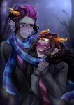  1boy 1girl absurdres couple eridan_ampora feferi_peixes hetero highres homestuck lips mothman1930 multicolored_hair scarf self-upload shared_clothes shared_scarf sharp_teeth streaked_hair teeth troll_(homestuck) upper_body winter_clothes 