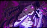  1girl 2023 :d apron bandaged_arm bandages black_background black_hair blush danganronpa_(series) danganronpa_2:_goodbye_despair heart heart-shaped_pupils holding holding_syringe inglebard long_hair mole mole_under_eye pink_background pink_eyes pink_shirt saliva shirt signature smile solo symbol-shaped_pupils syringe teeth tsumiki_mikan two-tone_shirt upper_teeth_only white_apron white_shirt 