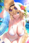  1girl ;d alternate_costume ball beach beachball bikini black_hairband blonde_hair blue_eyes blue_innertube blue_sky blush braid braided_ponytail breasts cleavage cloud day eyewear_on_head fate/grand_order fate_(series) flower hairband halterneck hat hat_flower hibiscus highres holding holding_innertube innertube jeanne_d&#039;arc_(fate) large_breasts long_hair looking_at_viewer mishiro_(ixtlolton) navel one_eye_closed open_mouth outdoors parody red_flower sand sky smile solo stomach straw_hat string_bikini style_parody sun_hat sunglasses sunlight swimsuit takeuchi_takashi_(style) water wet white_bikini 