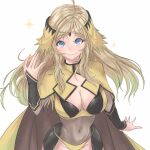  1girl absurdres ahoge black_bridal_gauntlets blonde_hair blue_eyes bodystocking breasts calmgreentori cape circlet cleavage closed_mouth commentary fire_emblem fire_emblem_fates highres large_breasts long_hair navel ophelia_(fire_emblem) panties simple_background smile solo underwear white_background yellow_cape yellow_panties 