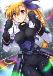  1girl artist_name blonde_hair blush bodysuit breasts covered_navel dated grin hair_ribbon heterochromia highres large_breasts long_hair lyrical_nanoha mahou_shoujo_lyrical_nanoha_strikers mahou_shoujo_lyrical_nanoha_vivid ponytail ribbon san-pon smile solo vivio 