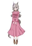  1girl :d alternate_costume animal_ears brown_footwear dress ear_covers full_body grey_hair hair_between_eyes highres horse_ears horse_girl horse_tail long_dress long_hair long_sleeves looking_at_viewer multicolored_hair ningen3333 pink_dress simple_background single_ear_cover smile solo streaked_hair tail umamusume white_background white_hair wonder_acute_(umamusume) 