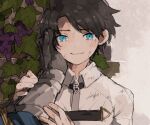  1boy black_hair chaldea_uniform character_request dot_nose fate/grand_order fate_(series) food fruit fujimaru_ritsuka_(male) gloves grapes hand_on_another&#039;s_face leaf long_sleeves male_focus noyuu pov short_hair smile tears upper_body 