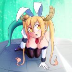  2021 animal_humanoid big_breasts blonde_hair blush breasts bunny_costume cleavage clothed clothing costume dragon dragon_humanoid fake_ears fake_rabbit_ears female hair hi_res horn horned_humanoid humanoid kneeling miss_kobayashi&#039;s_dragon_maid open_mouth signature solo tail text tohru_(dragon_maid) yellow_eyes zedrin 