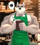  2023 anthro barista biceps blackclown00 blurred_background canid canine canis chest_tuft claws coffee_machine coffee_shop cross-popping_vein finger_claws frustrated fur green_apron green_eyes grey_body grey_fur hi_res kobrin male mammal menu menu_board muscular muscular_anthro muscular_male nipples notebook overhead_scribble pecs pen scribble_censorship solo speech_bubble taking_order tuft white_body white_fur wolf 