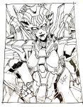  1girl airplane_wing breasts geisha hand_on_own_hip highres humanoid_robot kagenookami lineart looking_at_viewer mechanical_wings medium_breasts metal_skin robot science_fiction solo transformers windblade wings 