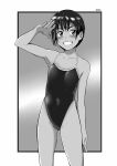  1girl collarbone competition_school_swimsuit cowboy_shot dark-skinned_female dark_skin english_commentary flat_chest greyscale grin highleg highleg_swimsuit highres monochrome original salute school_swimsuit short_hair smile solo swimsuit tokai tomboy 