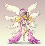 1girl angel_wings angewomon asymmetrical_clothes bare_shoulders belt blonde_hair breasts covered_eyes digimon digimon_(creature) digimon_adventure digimon_adventure_02 english_commentary feathered_wings helmet helmet_over_eyes highres holy_ring long_hair multiple_wings o-ring o-ring_belt oxcoxa solo thigh_strap winged_helmet wings wrist_wings 