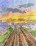  bridge building city cloud cloudy_sky highres morning no_humans orange_sky original painting_(medium) railroad_tracks sakaue111 sky sunlight sunset traditional_media watercolor_(medium) 