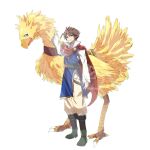  1boy 1other bartz_klauser beak belt belt_buckle bird blue_eyes blue_tunic boots brown_hair buckle chocobo cloak closed_mouth crazy02oekaki final_fantasy final_fantasy_v full_body hair_between_eyes hand_on_another&#039;s_neck highres long_sleeves male_focus red_cloak shirt short_hair smile standing talons white_background white_shirt 
