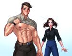  1boy 1girl abs bara bare_pectorals belt black_shirt blue_eyes blue_pants blush brown_belt brown_pants carless_(ppanic) closed_mouth clothes_lift collared_shirt grey_shirt large_pectorals looking_at_another looking_at_viewer muscular muscular_male navel nipples open_mouth pants pectorals samsung samsung_sam shirt shirt_lift watch wristwatch 