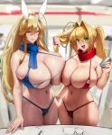  2girls ahoge artoria_pendragon_(fate) artoria_pendragon_(swimsuit_ruler)_(fate) asymmetrical_docking bare_shoulders bikini blonde_hair blue_bikini blue_scarf blurry blurry_background blush breast_press breasts can closed_mouth commentary convenience_store drooling english_commentary eu03 fate/grand_order fate_(series) green_eyes hair_between_eyes hair_intakes hand_up high_ponytail holding holding_another&#039;s_hair holding_can huge_breasts indoors multiple_girls navel nero_claudius_(fate) nero_claudius_(swimsuit_caster)_(fate) open_mouth red_bikini red_scarf saliva scarf shop skindentation strap_gap string_bikini swimsuit thighs 