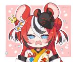  1girl animal_ears blue_eyes flower hair_flower hair_ornament hakos_baelz hakos_baelz_(new_year) hololive hololive_english japanese_clothes kimono kukie-nyan long_hair mask mask_on_head mouse_ears multicolored_hair red_hair solo virtual_youtuber 