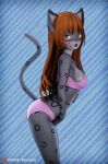  3d_(artwork) absurd_res anthro bra clothed clothing clothing_lift digital_media_(artwork) felid female hair hi_res looking_at_viewer mammal momo_(disambiguation) monarquis necktie pantherine panties pink_clothing pink_panties pink_underwear red_hair sensual_cat simple_background snow_leopard solo tail thin_legs thin_tail underwear 