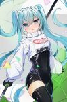  1girl absurdres aqua_eyes aqua_hair black_bodysuit black_gloves blush bodysuit breasts covered_navel cropped_jacket flag gloves goodsmile_racing hair_between_eyes hatsune_miku hiciki highres holding holding_pole jacket long_hair long_sleeves looking_at_viewer parted_lips pole print_jacket racing_miku racing_miku_(2022) single_thighhigh small_breasts solo thighhighs twintails vocaloid white_jacket 