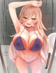  1girl against_glass bathroom bikini blonde_hair blush breast_press breasts breasts_on_glass covered_nipples fang festa11307070 hair_between_eyes hand_on_glass large_breasts long_hair looking_at_viewer nijisanji nui_sociere open_mouth purple_bikini skin_fang solo swimsuit virtual_youtuber wet yellow_eyes 