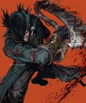  1boy black_coat black_gloves black_headwear black_pants blood bloodborne clenched_teeth coat gloves guri_otoko hat highres holding holding_weapon hunter_(bloodborne) long_sleeves male_focus pants red_background saw_cleaver shoes simple_background solo teeth torn_clothes torn_coat tricorne weapon 