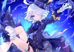  1girl ascot blue_ascot blue_brooch blue_eyes blue_gemstone blue_hair blue_headwear blue_jacket closed_mouth commentary_request cowlick drop-shaped_pupils eyes_visible_through_hair frilled_sleeves frills furina_(genshin_impact) gem genshin_impact gloves hair_between_eyes hat highres hydro_symbol_(genshin_impact) jacket light_blue_hair long_hair long_sleeves looking_at_viewer mismatched_pupils multicolored_hair shimogu shorts signature simple_background solo streaked_hair top_hat white_gloves white_hair white_trim_bow 