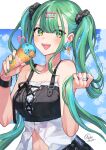  1girl bare_shoulders blue_hair breasts commentary_request crop_top food green_eyes green_hair green_nails hair_ornament hair_scrunchie hairclip highres holding holding_food ice_cream jewelry long_hair looking_at_viewer medium_breasts multicolored_hair multiple_rings nail_polish open_mouth original partially_unbuttoned ring scrunchie shinishi_chiho shirt simple_background sleeveless sleeveless_shirt smile solo twintails two-tone_hair 